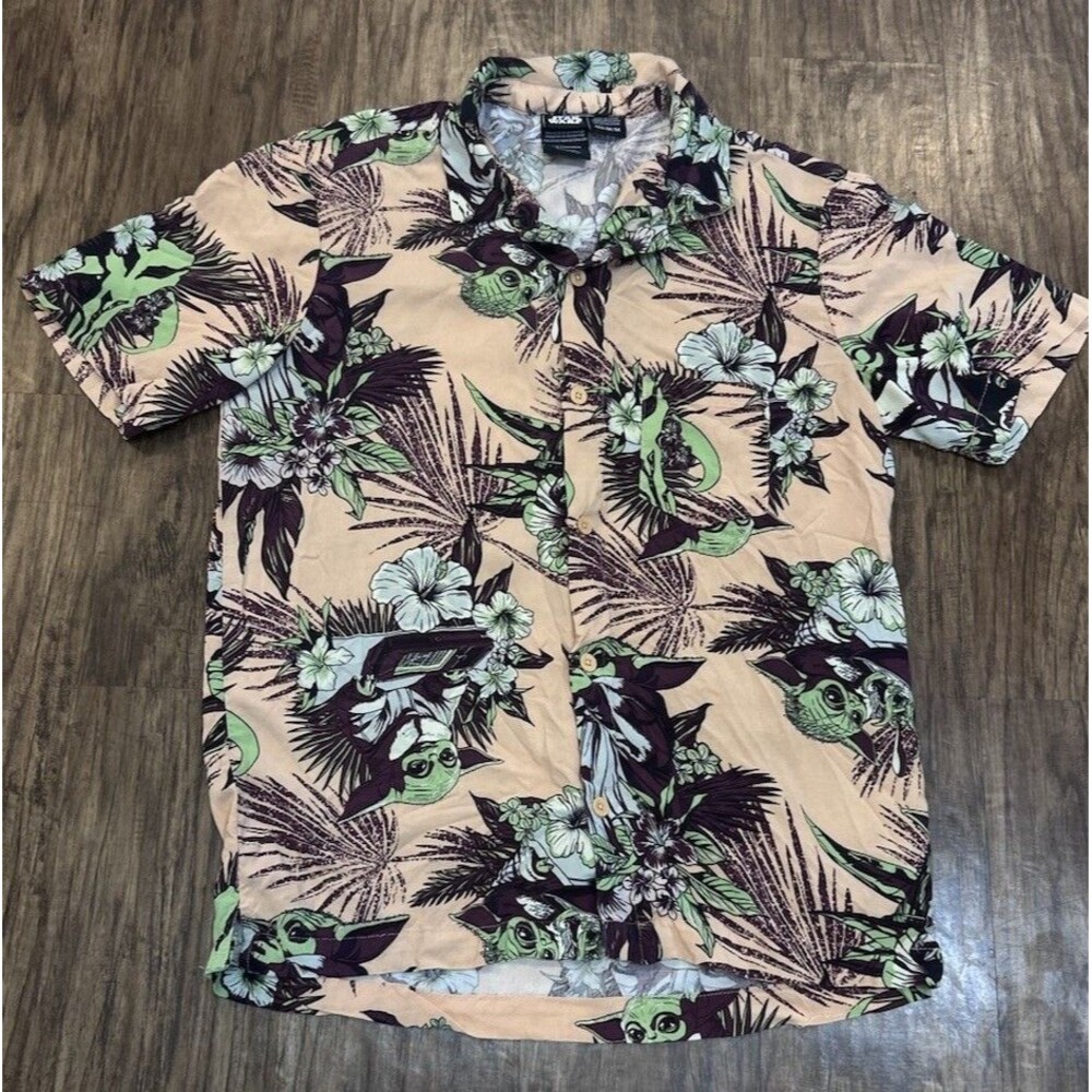 Star Wars Grogu Baby Yoda Hawaiian Shirt Mens M Peach Hibiscus Floral Tropical